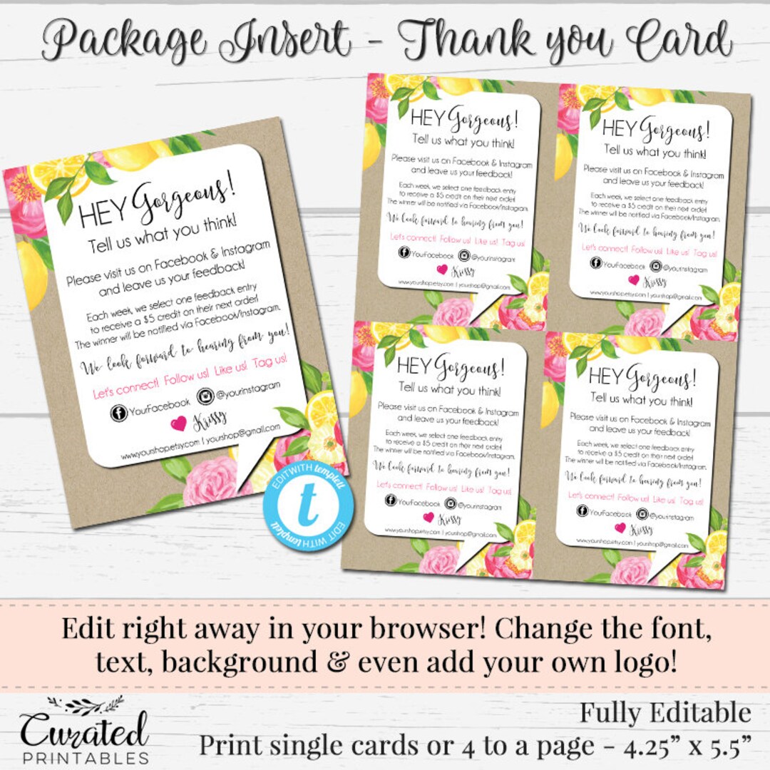 Editable Package Insert - Thank You Postcard, Editable Postcard ...
