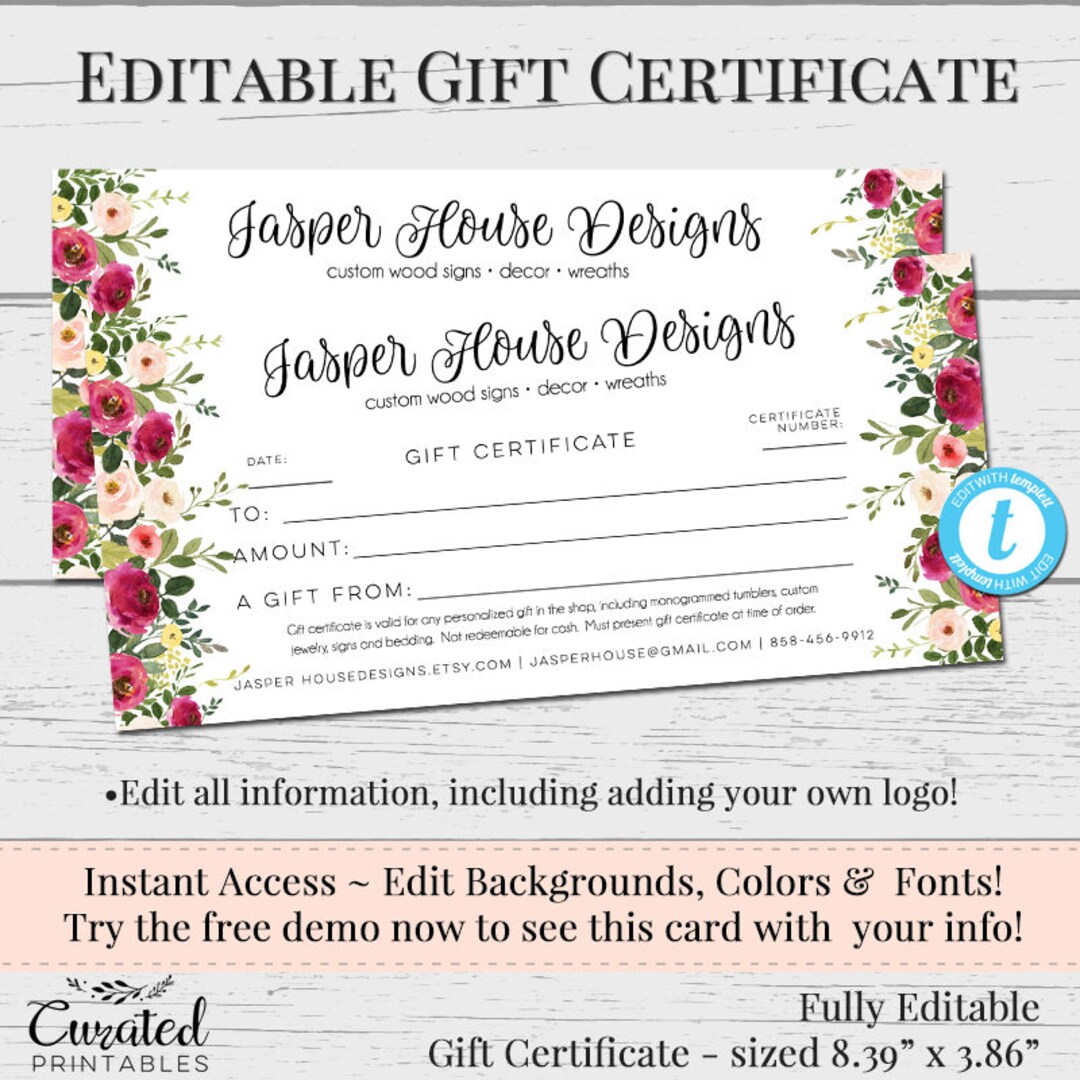 Gift Certificate Voucher Printable Gift Cert Editable Gift - Etsy