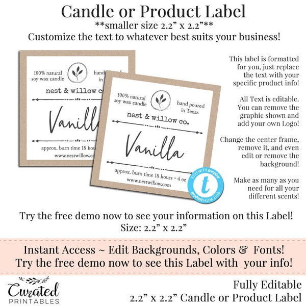 Candle Label, Editable Label, Bath Product Label, DIY Ingredient Label, 2.2" Square, Instant Download Sticker, Editable, Nest and Willow