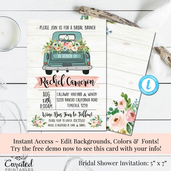 Vintage Truck Bridal Shower Invitation, Wedding Template, Invitation, Printable DIY, Instant Download, Shower Invite, Editable Invitation