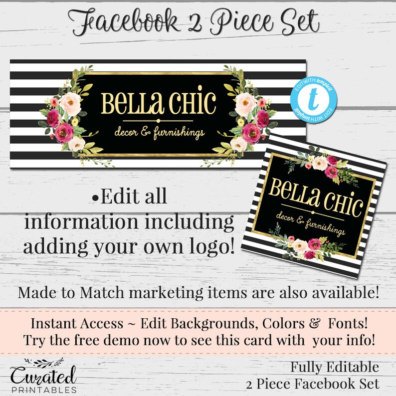 Black &amp; White Striped Business Card Business Card Template | Etsy