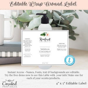 Wrap Around Bottle Label, Editable Bottle Label, DIY Bottle Label, Bottle Label, 2.5 oz Bottle, 4&quot; x 3&quot;, Product Label, Branding