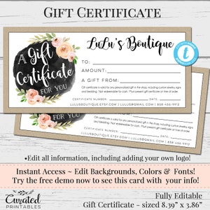 DIY Gift Certificate, Printable Gift Cert, DIY Gift Certificate, Instant Download, Business Template, Shop Voucher, Lulus Boutique