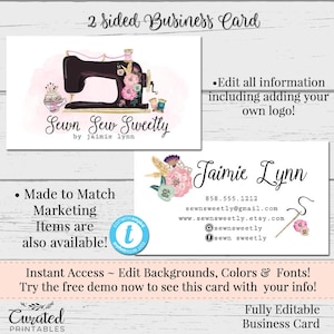 Sewing Business Card, Seamstress Business Card, Watercolor Card Template, DIY Business Card, Instant Download Card, DIY Floral Business Card