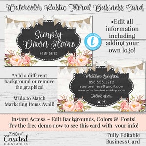 Carte de visite florale shabby chic, aquarelle, modèle de carte de visite, carte de visite à faire soi-même, téléchargement immédiat, carte modifiable, dentelle rustique