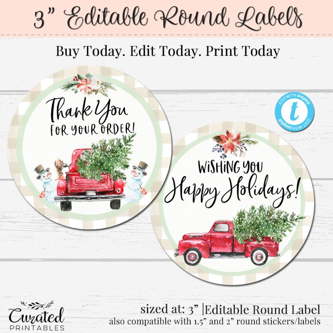 Holiday Round Sticker, Editable Label, 3 Inch Round Label, Christmas ...