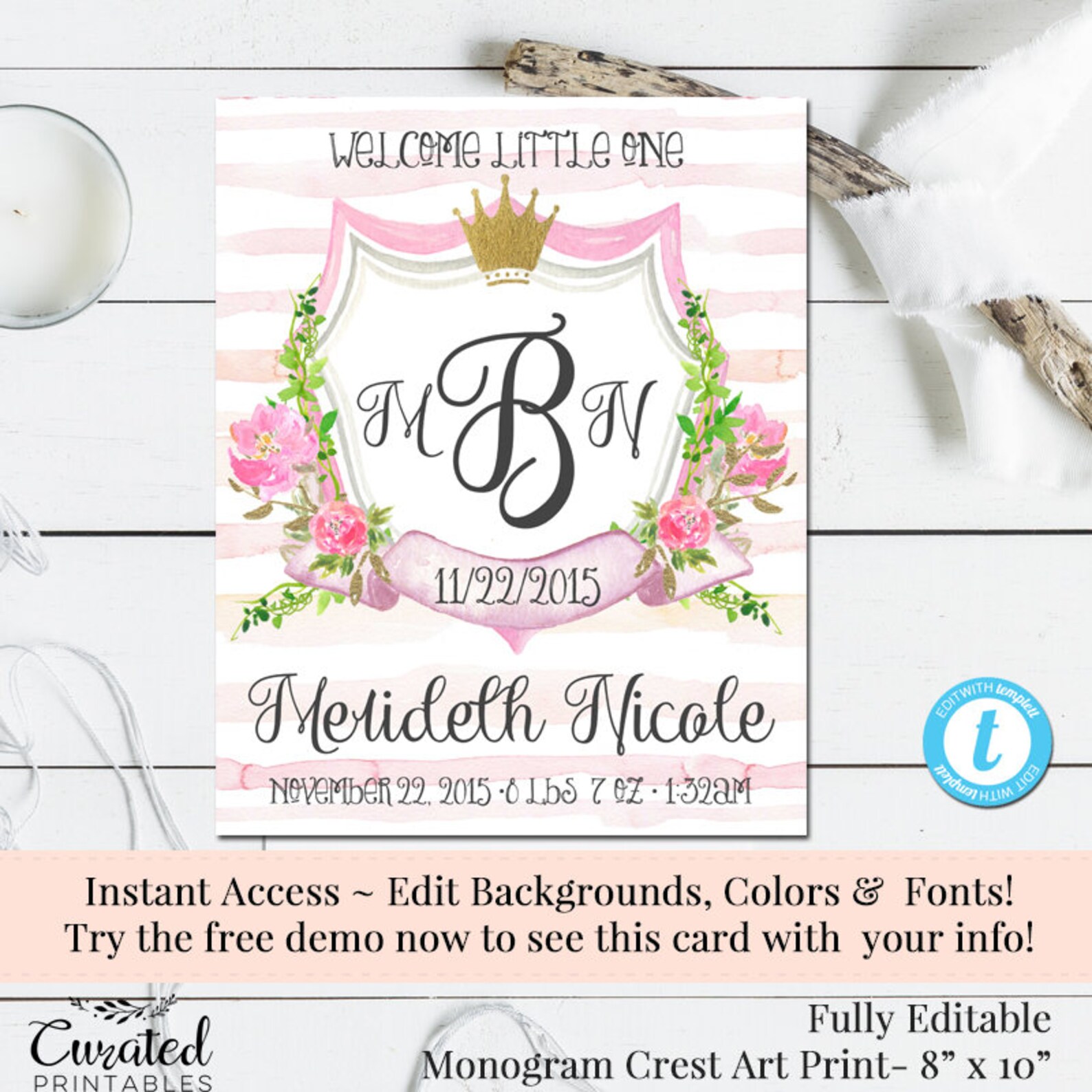 Nursery Print Monogram Crest Baby Gift Watercolor Initials Etsy