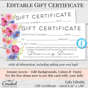 Editable Gift Certificate, Voucher, Printable Gift Cert, DIY Gift Certificate, Instant Download, Business Templates, Shop Voucher, Printable