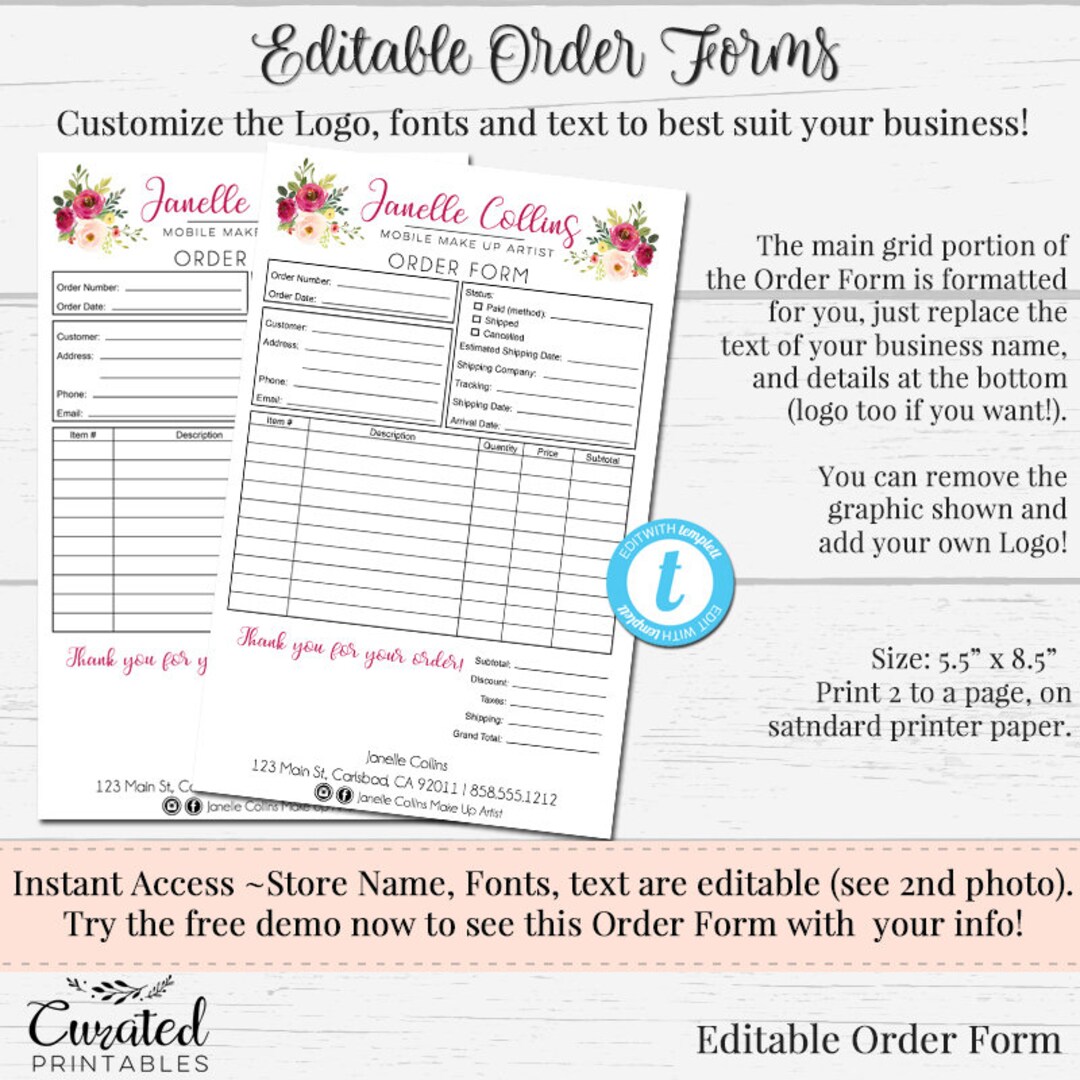 Order Form, Customizable Order Form, Editable Order Form, Order Form ...