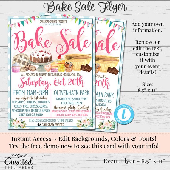 diy bake sale flyer custom flyer fundraiser flyer invitation for vendors diy template marketing editable vendor flyers bake sale cake sale poster template