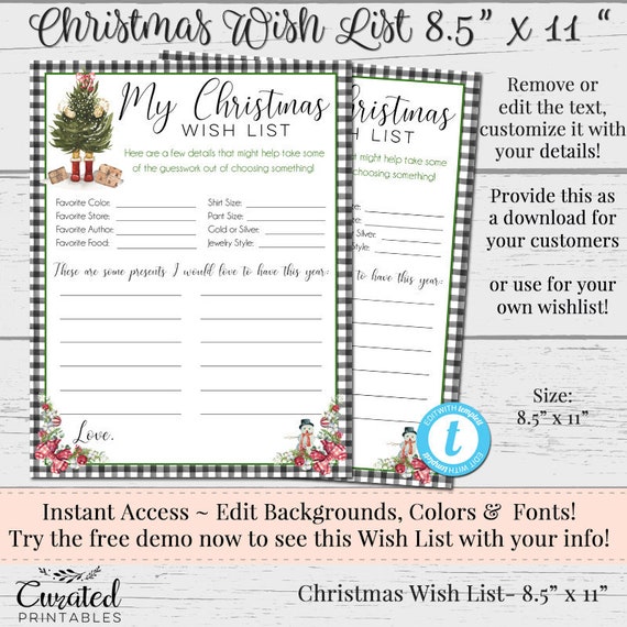 Christmas Wish List Letter to Santa DIY Wish List Editable