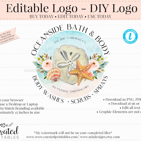 Editable Logo, Beach Logo, Shell Logo, Bath and Body Logo, Coastal Logo, DIY Logo, DIY Branding, Instant Logo, Round Logo, Watercolor Logo