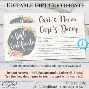 Gift Certificate, Voucher, Printable Gift Cert, Editable Gift Certificate, Instant Download, Business Templates, Shop Voucher, Templett