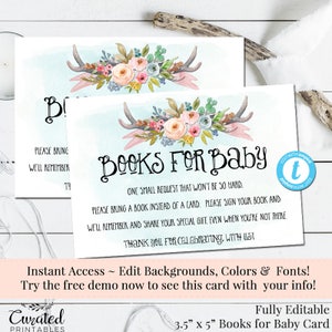 Boeken voor baby, boekverzoek invoegen, babyshower, uitnodiging boho-feestje, uitnodiging, afdrukbare DIY, direct downloaden, bewerkbare uitnodiging