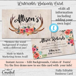 Cartão de visita de chifre, cartão de visita faça você mesmo, logotipo de chifres, cartão de visita em aquarela, modelo editável, cartão para download instantâneo, modelo faça você mesmo