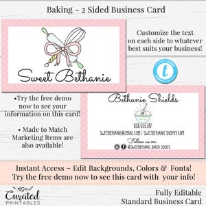 Cartão de visita para confeitaria, cartão de aquarela, modelo de cartão para biscoitos, cartão de visita faça você mesmo, cartão para download instantâneo, cartão editável, Templatett