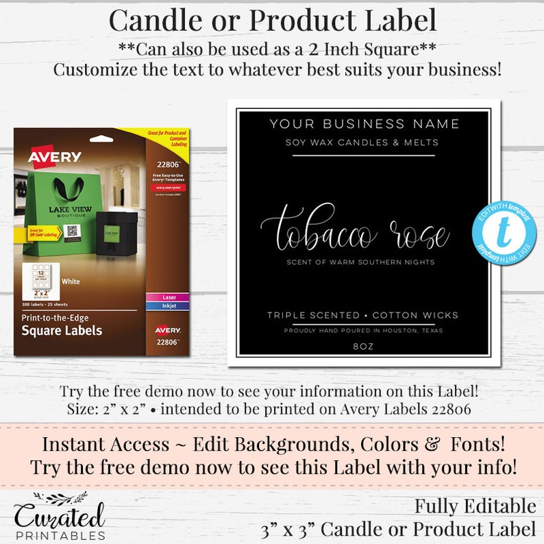 DIY Candle Label, Editable Label, Editable Product Label, DIY Ingredient Label, Instant Print Sticker, Editable Sticker, 3 x 3, Label, Aloha image 4