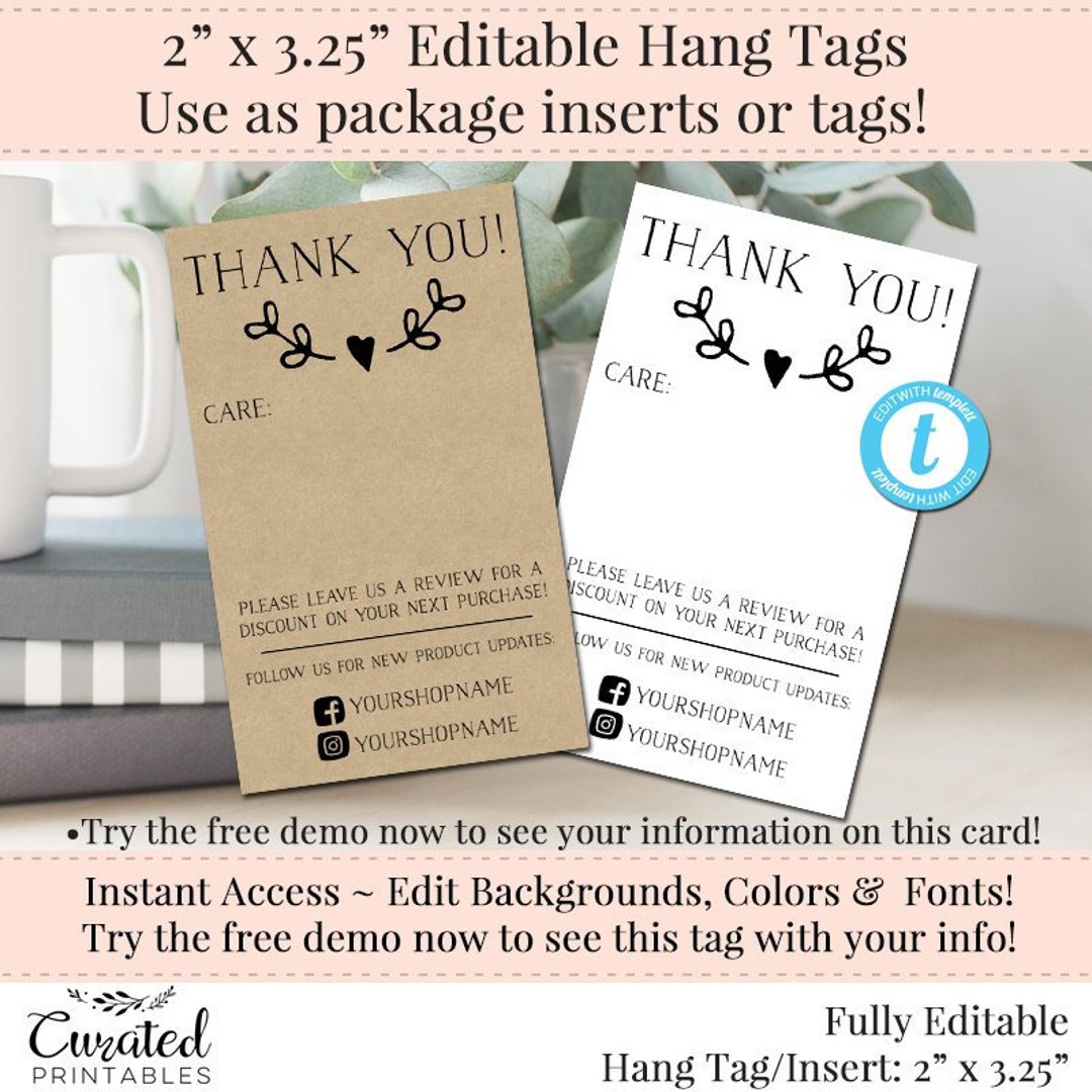 Feminine Thank You Tag Template, Editable Discount Code Hang Tag, Printable  Thanks for Shopping Hangtag, Waterbrush Product Tag, Corjl 