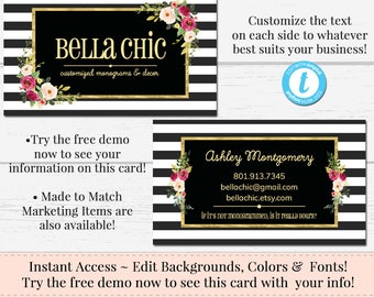 Black & White Striped Business Card, Business Card Template, DIY Business Card, Instant Download Card, Editable Business Card, Bella Chic