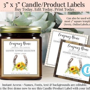 Horseshoe Square Product Label, Editable Label, Product Label, DIY Candle Label, 3 Inch Square, Instant Download Sticker, Country Summer
