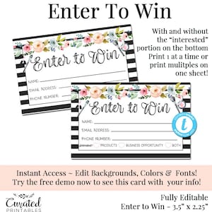 Enter To Win, Raffle Card, Prize Entry Ticket, Home Party Template, Business Marketing, Editable Forms, DIY Entry Form, Instant Download image 1