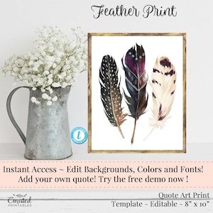 Feather Print, Add a Quote Print, Home Decor, Feather Trio Art Print, Printable Art 8 x 10, Instant Download Print, DIY Art Print