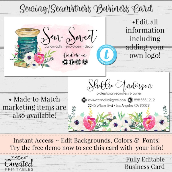 Sewing Business Card, Seamstress Business Card, Business Card Template, DIY Business Card, Instant Download Card, Editable, Sew Chelsea
