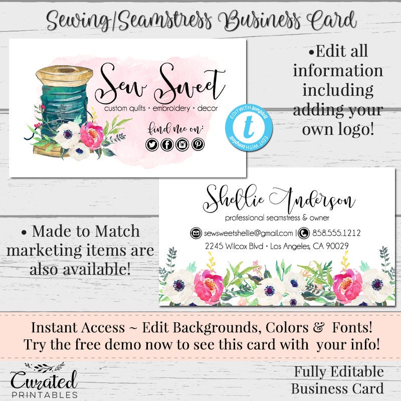 sewing-business-card-seamstress-business-card-business-card-template-diy-business-card-instant-download-card-editable-sew-chelsea-etsy