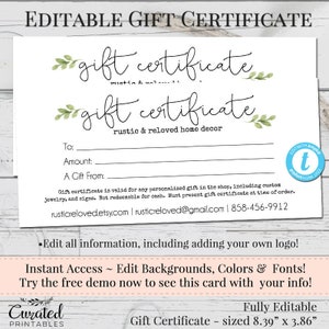 Editable Gift Certificate, Voucher, Printable Gift Cert, DIY Gift Certificate, Instant Download, Business Templates, Shop Voucher, Printable