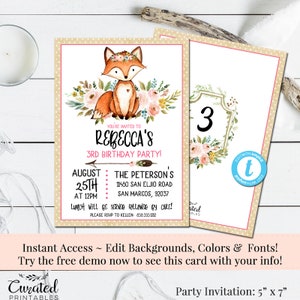 Woodland Invite, Fox Invitation, Birthday Invite, Printable DIY, Instant Download, Party Invite, Editable Invitation, DIY Invitation,