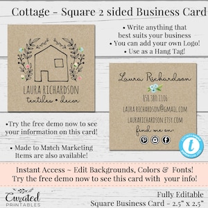 Cottage Square Business Card, Editable Business Card, Square Business Card Template, DIY Business Card, Farmhouse Card, Kraft Business Card