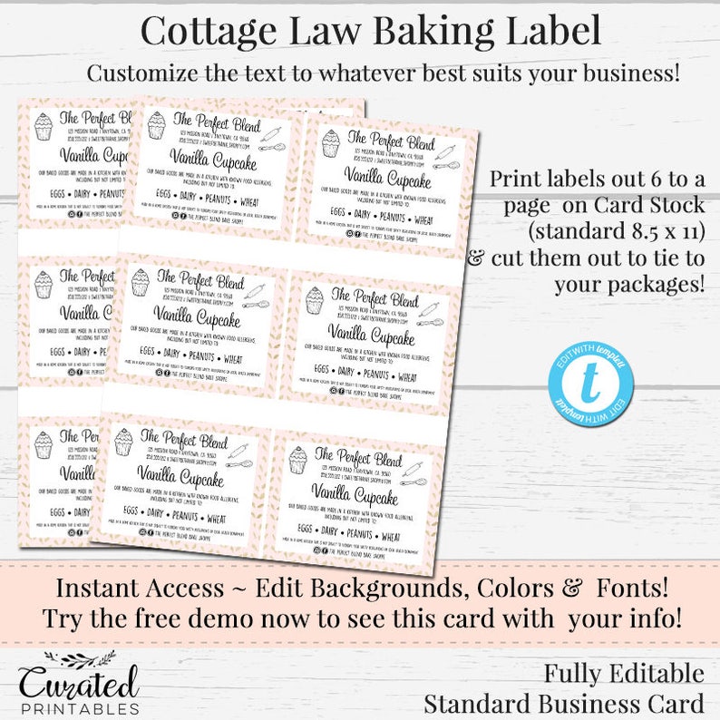 Cottage Law Label Bakers Label Cupcake Product Label DIY Etsy