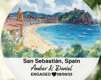 San Sebastián Spain Round Ceramic Christmas Ornament – Personalized Holiday Keepsake, Custom Couple Gift for Wedding or Honeymoon