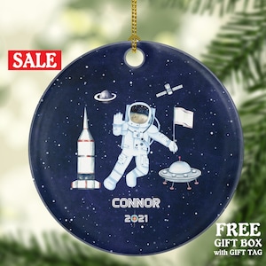 Astronaut in Space Christmas Ornament Personalized, Spaceship Themed Pilot Astronaut Custom Gift with Name