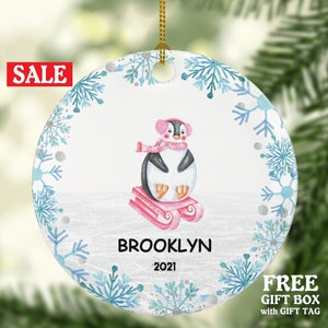 Sledding Christmas Ornament Personalized - Sled Penguin Holiday Winter Activity Sledder Custom Gift