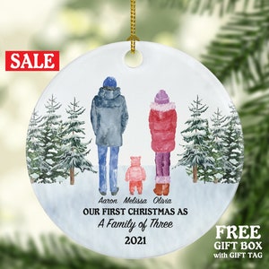 Our First Christmas as a Family of 3 Ornament - New Baby Girl Boy Parents Mother Father Mom Dad Gift Watercolor Winter Kid Child