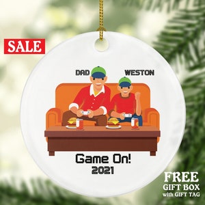 Personalized Playing Video Game Player Father Son Dad Boy Christmas Ornament for Tree Gamer Boy Controller Addict