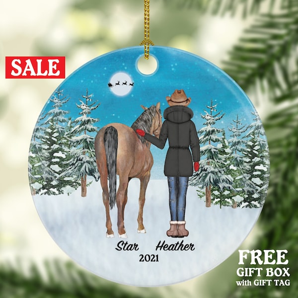 Horse and Female Rider Christmas Ornament Personalized | Riding a Horse Lover Gift Girl Female on a Horse Custom Names