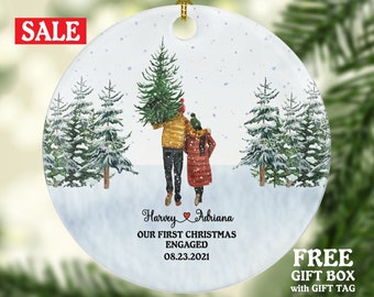 First Christmas Engaged Personalized Ornament - Engagement Announcement Couple Gift - Winter Couple in Snow