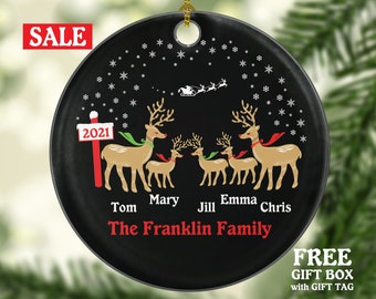 Family of 5 Personalized Christmas Ornament - Five Xmas Reindeer Deer Mother Father New Baby Girl Boy Children Kids Wife Husband Name Gifts
