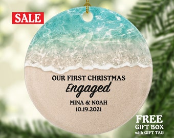 Engaged Christmas Ornament - Custom Engagement - Personalized First Christmas Engaged - Just Engaged Beach Sand Sea