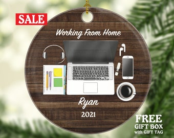 Working From Home Christmas Ornament - Personalized Laptop Computer Work Distance Studying Custom Name