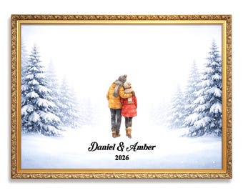 Personalized Couple in Snowy Scene Wall Art | Winter Landscape Print for Engaged, Married, Mr & Mrs, Anniversary | Aluminum Metal Print
