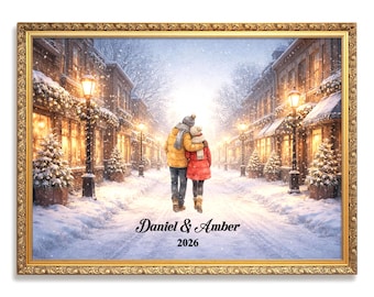 Custom Couple in Snowy City Wall Art | Winter Wall Art for Engaged, Married, Mr & Mrs, Anniversary | Aluminum Metal Print