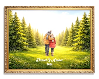 Custom Couple in Forest Wall Art | Green Nature Landscape Print for Engaged, Married, Mr & Mrs, Anniversary | Aluminum Metal Print