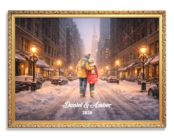 Custom New York City Couple Wall Art | Snowy NYC Scene for Engaged, Married, Mr & Mrs, Anniversary, Travel, Honeymoon | Aluminum Metal Print
