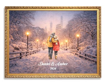 New York City Couple Custom Wall Art | Snowy NYC Scene for Engaged, Married, Mr & Mrs, Anniversary, Travel, Honeymoon | Aluminum Metal Print