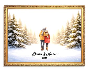 Custom Couple in Snow Wall Art | Winter Scene Print for Engaged, Married, Mr & Mrs, Anniversary | Aluminum Metal Print