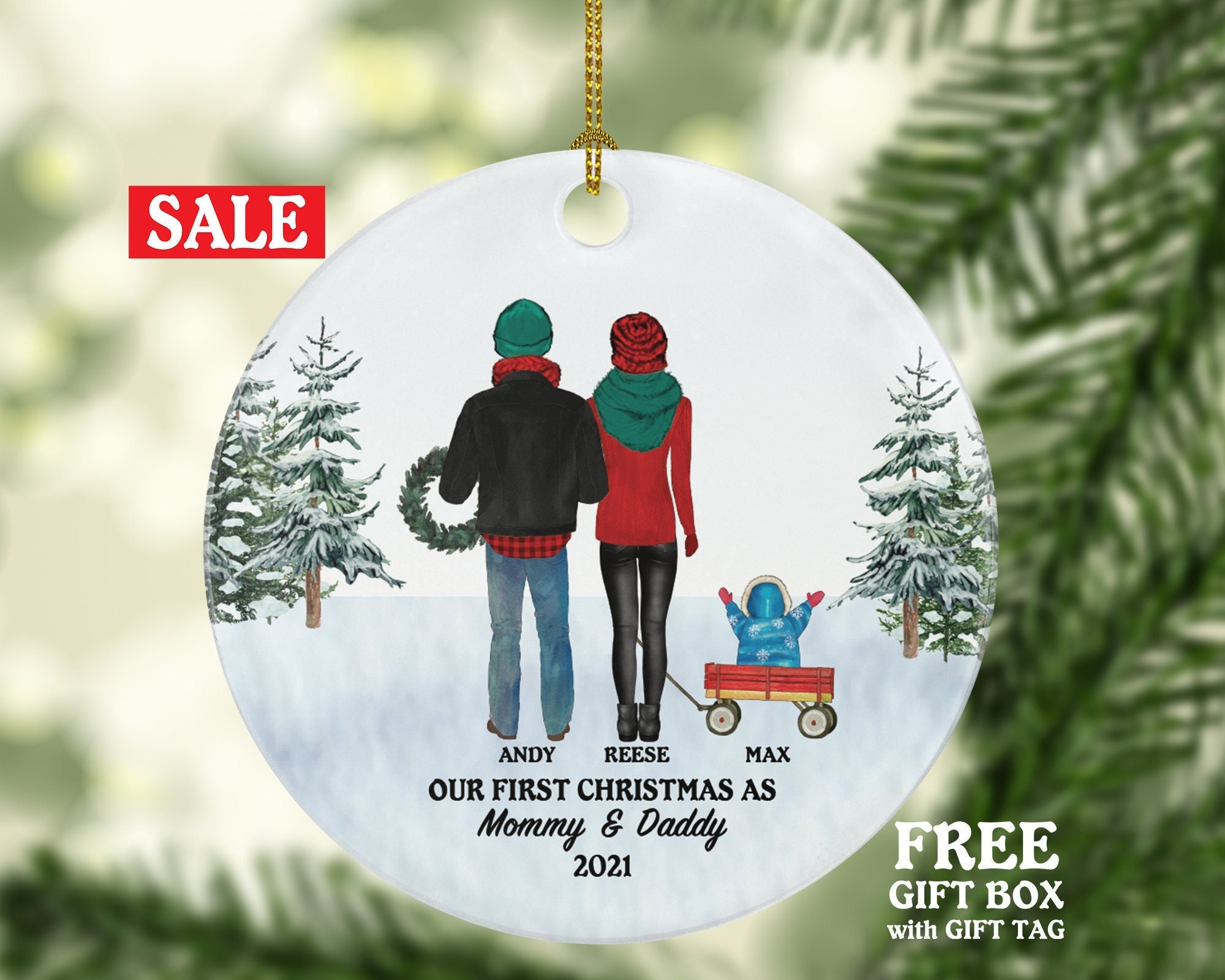 Our First Christmas as Mommy and Daddy Ornament New Baby Girl Boy Parents Mother Father Mom Dad Gift Portrait Kid Child Infant Family of 3