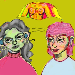 May include: Two cartoon illustrations of women with colorful hair and clothing. The woman on the left has gray hair and is wearing a pink sweater. The woman on the right has pink hair and is wearing a light blue shirt. The text "tits?????" and "tits//////" is written in black text on a yellow background.